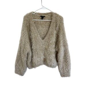 Forever 21 Beige Metallic Furry Oversized Sweater - Size Large
